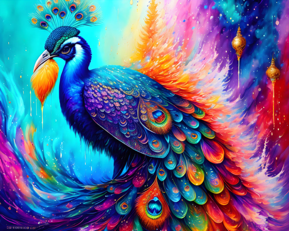 Colorful Peacock Artwork with Vibrant Rainbow Feathers