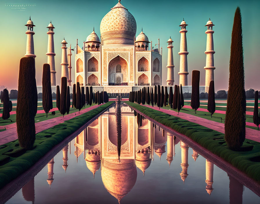 Iconic Taj Mahal Sunset Reflection with Cypress Trees & Vibrant Skies