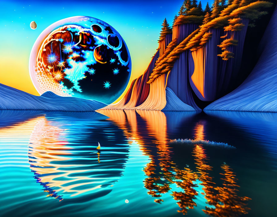 Surreal landscape digital artwork with moon, stars, cliffs, and water