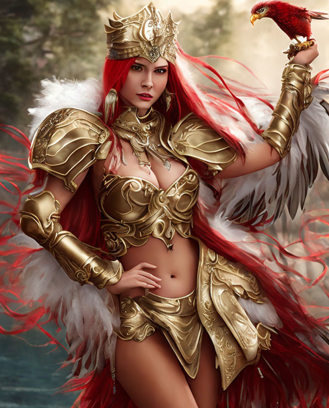 Woman in Golden Armor with Red Hawk and White Wings