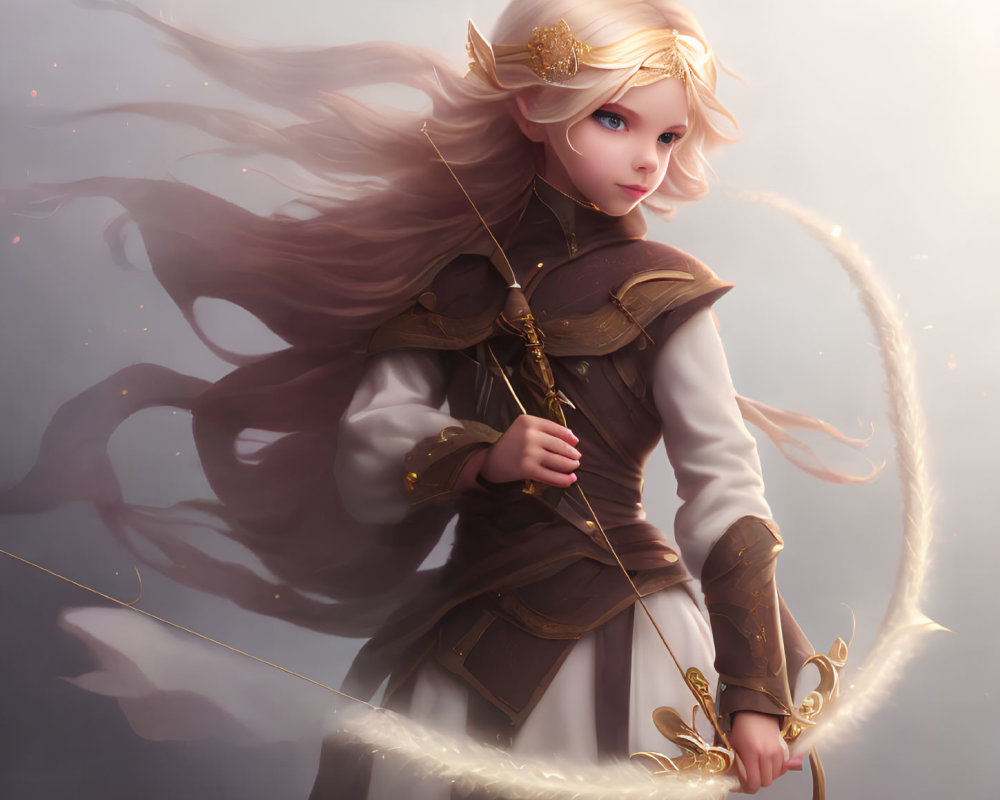 Elven archer in golden armor with glowing bow in ethereal mist