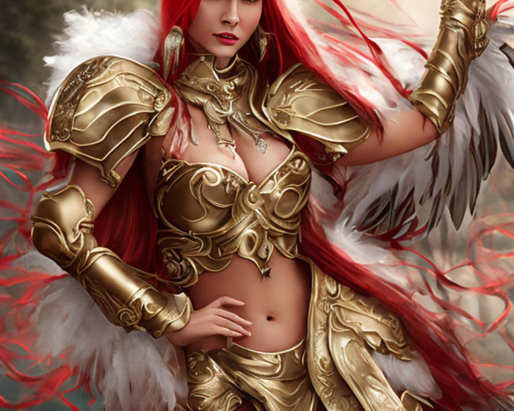 Woman in Golden Armor with Red Hawk and White Wings