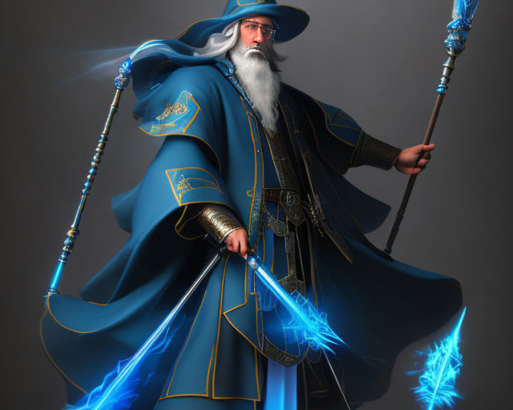 Blue-robed wizard with glowing crystal staff in magical aura.