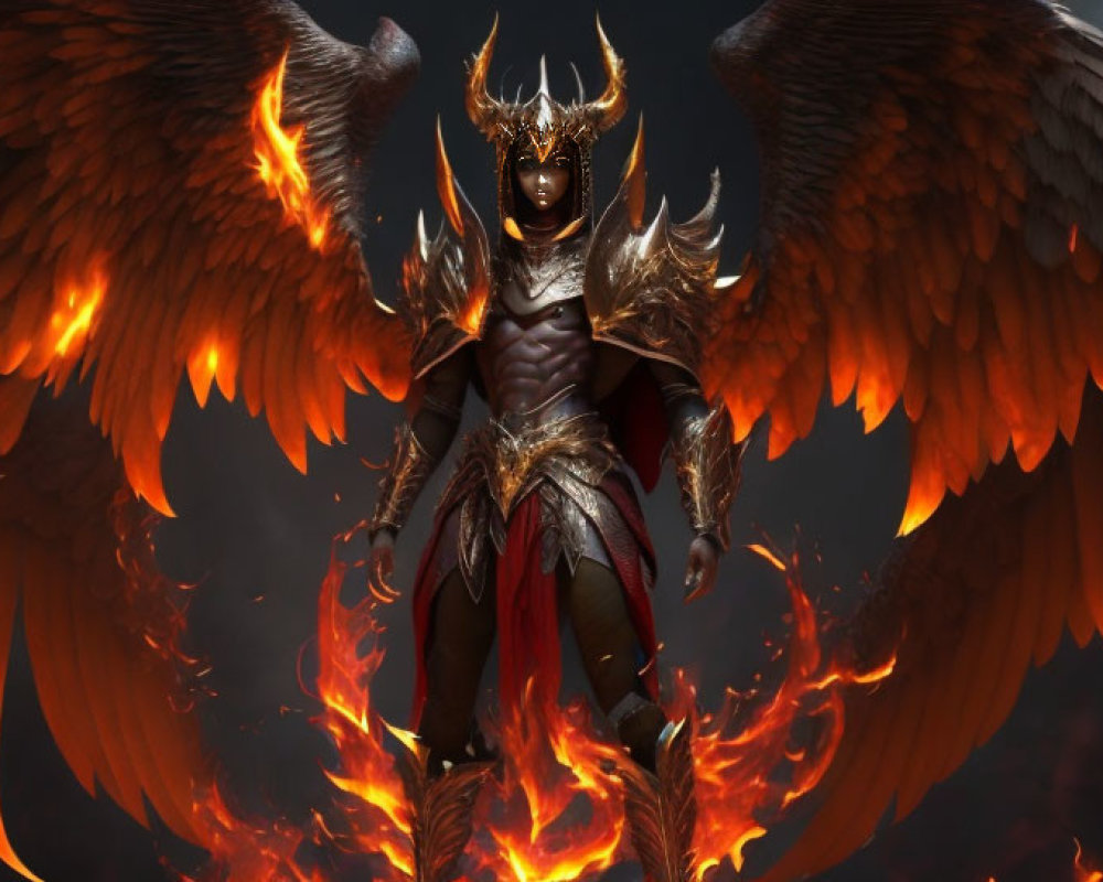 Fiery-winged figure in ornate armor against dark background