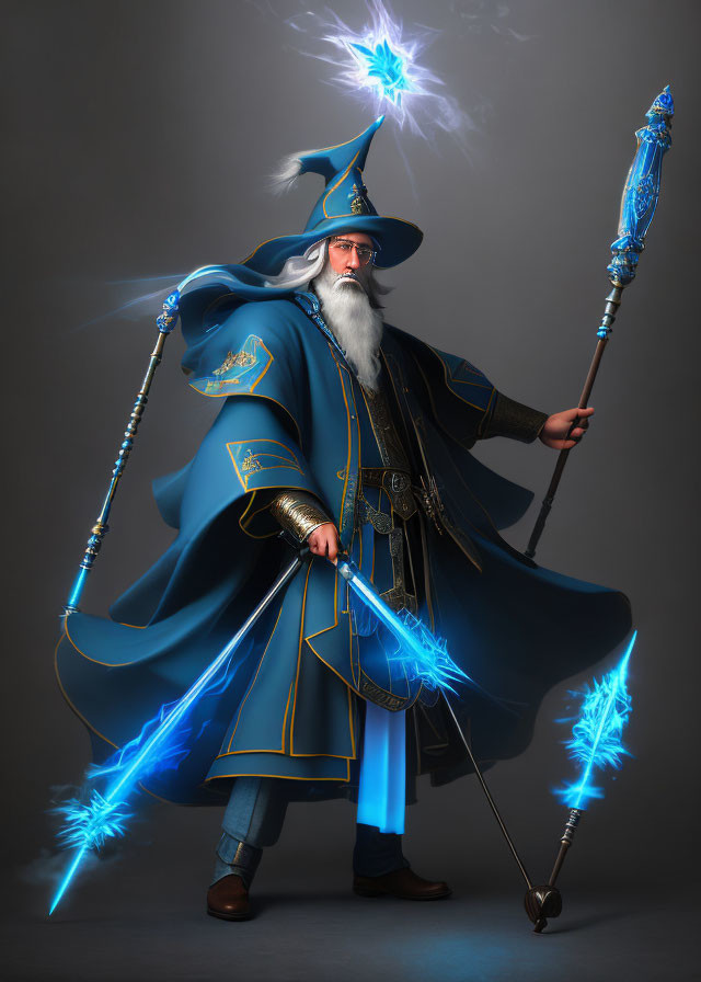 Blue-robed wizard with glowing crystal staff in magical aura.