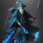 Blue-robed wizard with glowing crystal staff in magical aura.