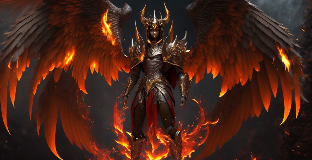 Fiery-winged figure in ornate armor against dark background