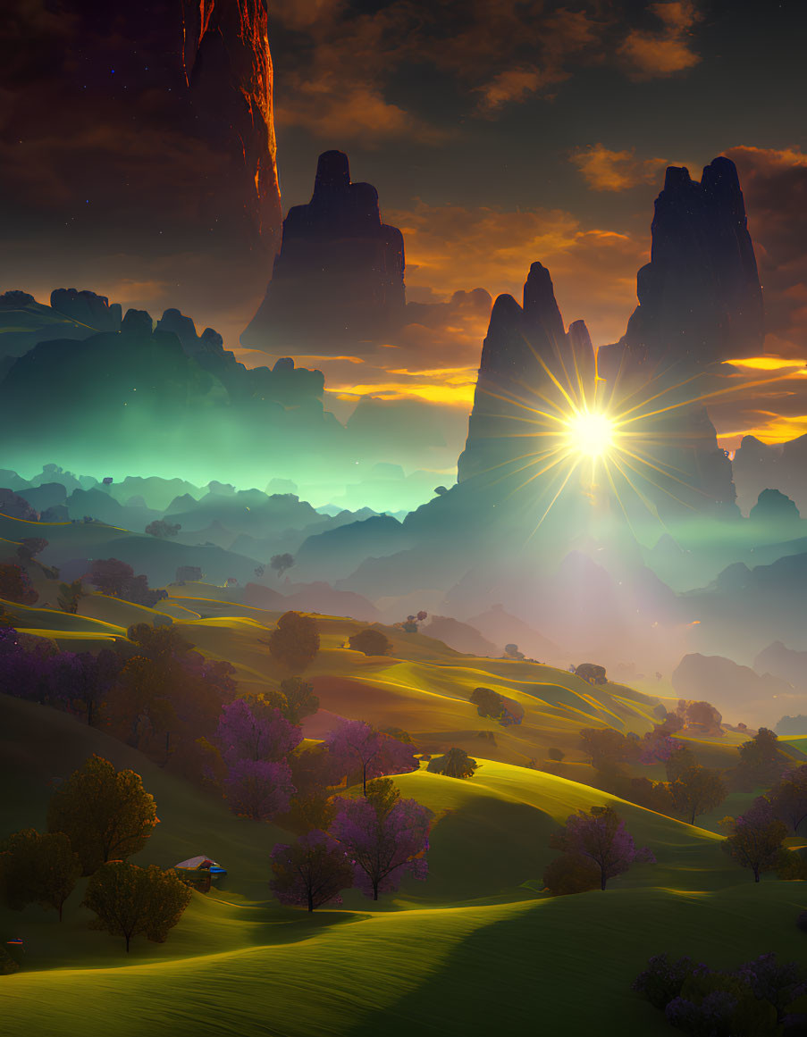 Majestic rock formations and vibrant flora in a fantasy landscape