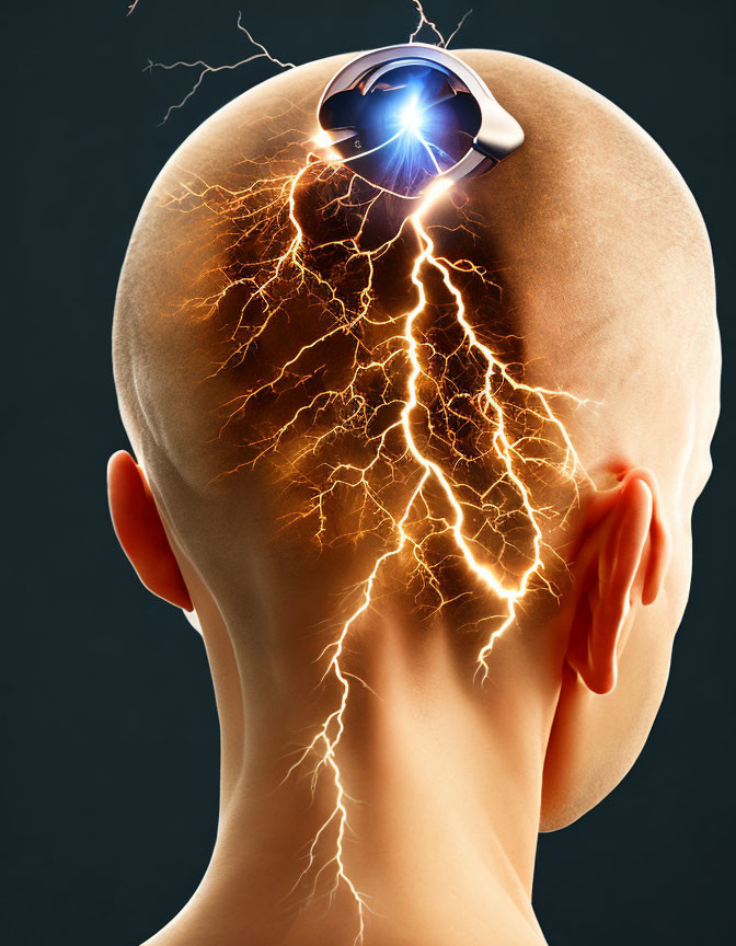 Conceptual image of human head with open top, glowing light and energy streaks.