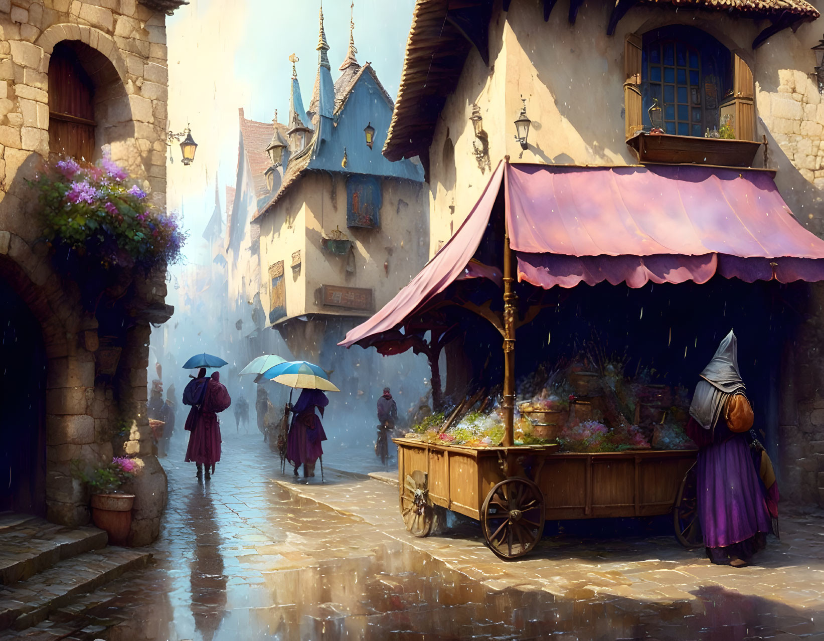 Medieval street scene with market stalls, umbrellas, and flower-adorned buildings