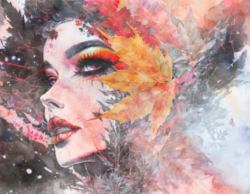 Woman's face blended with autumn leaves in vibrant watercolor art