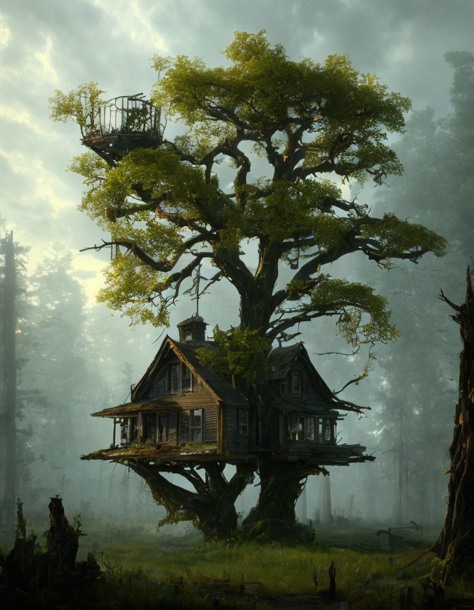 Enchanted forest treehouse in misty setting