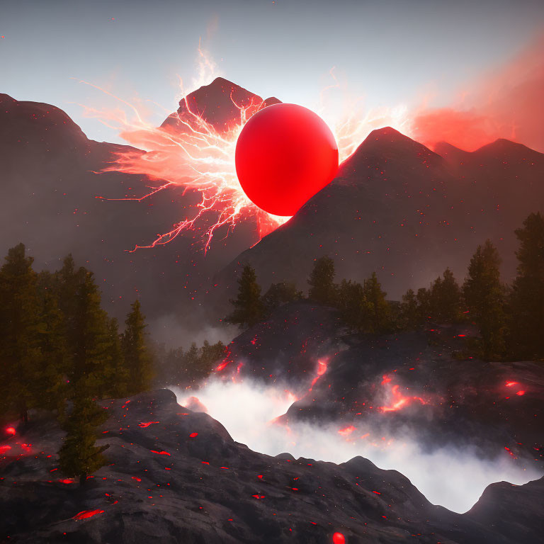 Surreal landscape with red orb, lightning, mountains, and volcanic terrain