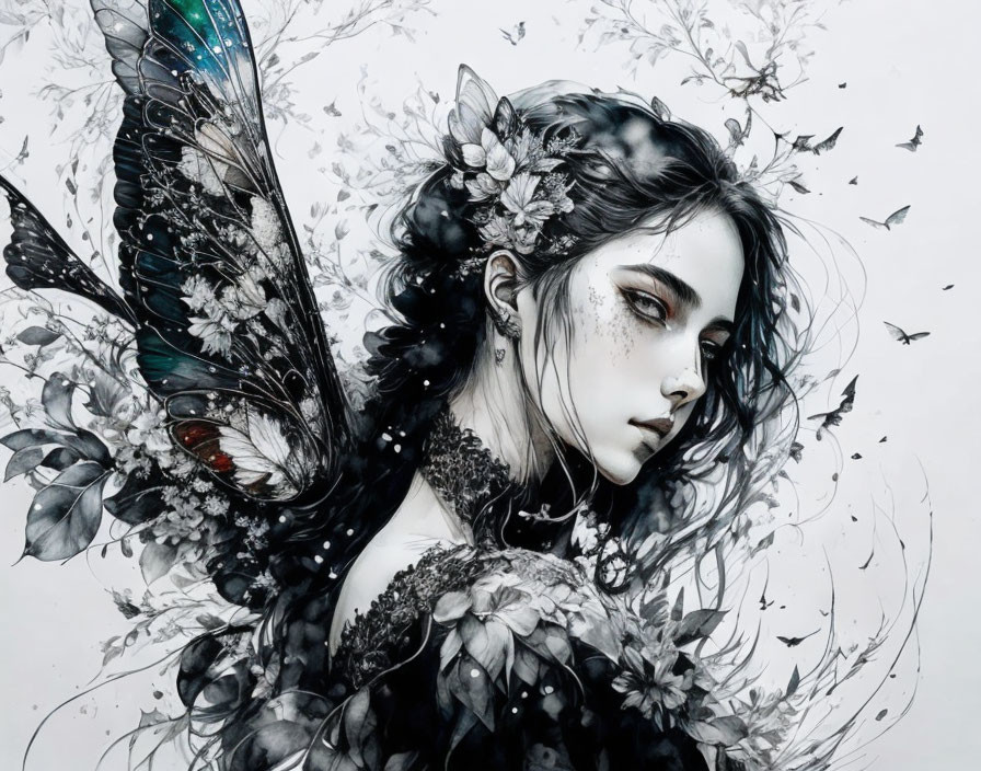 Woman with Dark Butterfly Wings Surrounded by Butterflies in Grayscale Palette