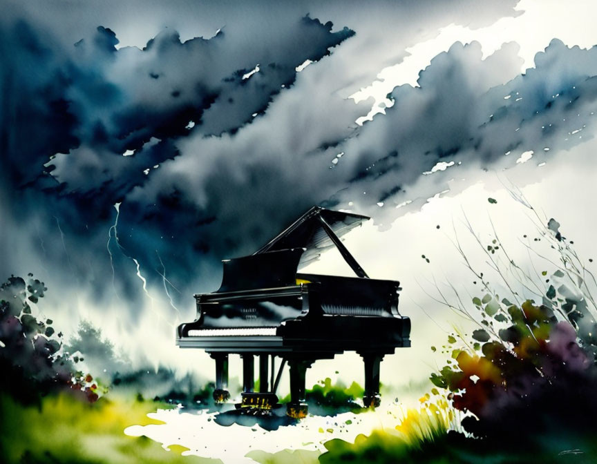 Vivid artwork of grand piano under turbulent sky with lightning and colorful floral burst.