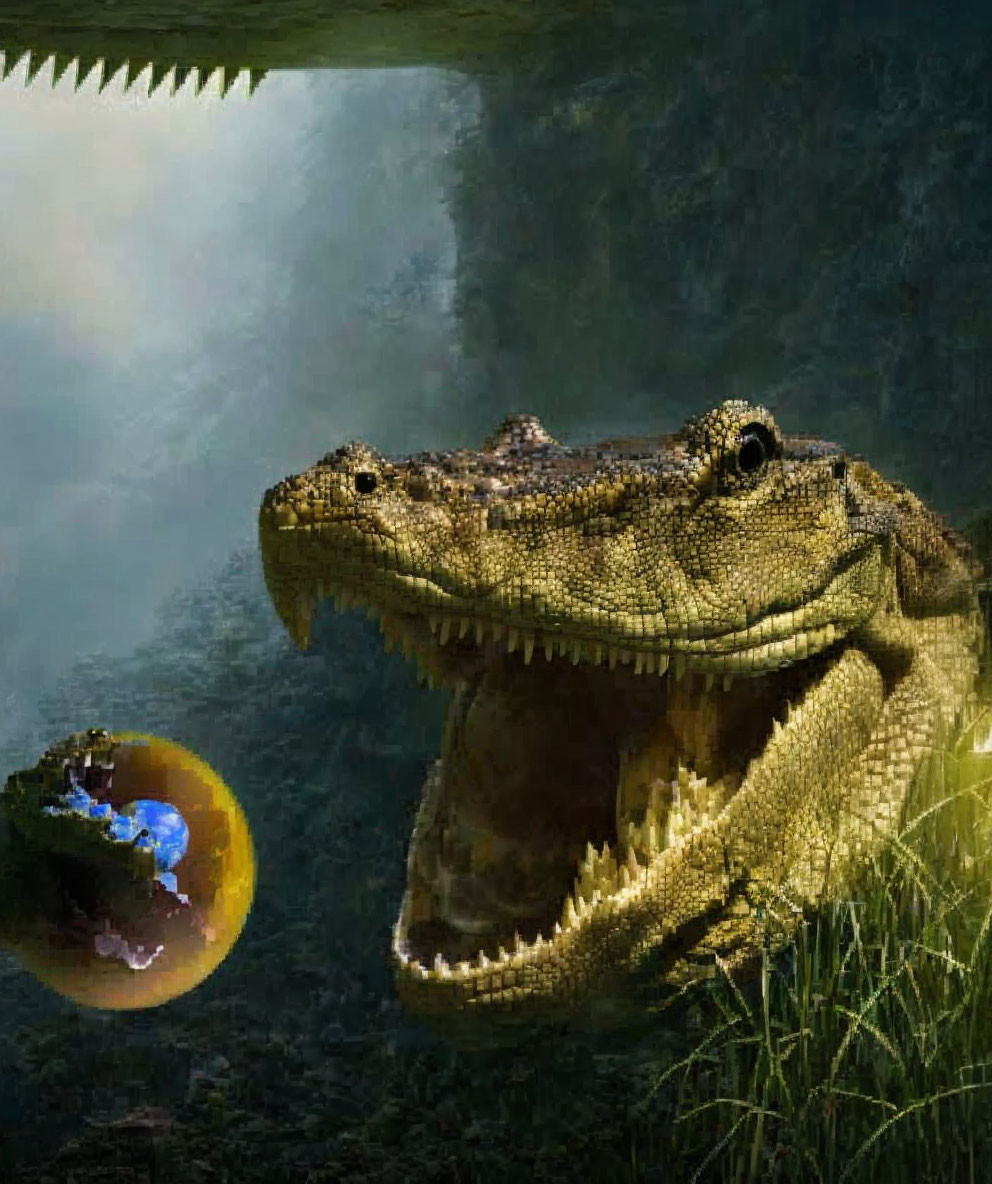 Large crocodile with open mouth and person in blue shirt riding bubble below jaw.