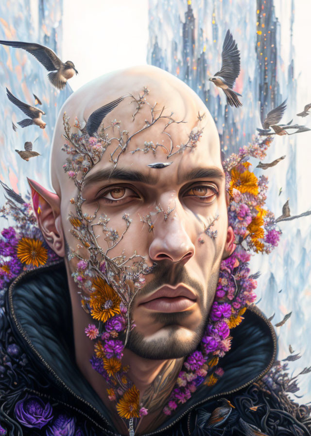 Surreal portrait featuring man with tree and flowers, birds, crystalline backdrop