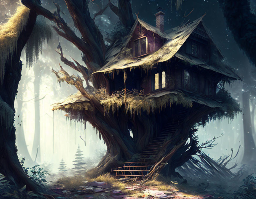 Enchanted treehouse in mystical forest with ethereal ambiance