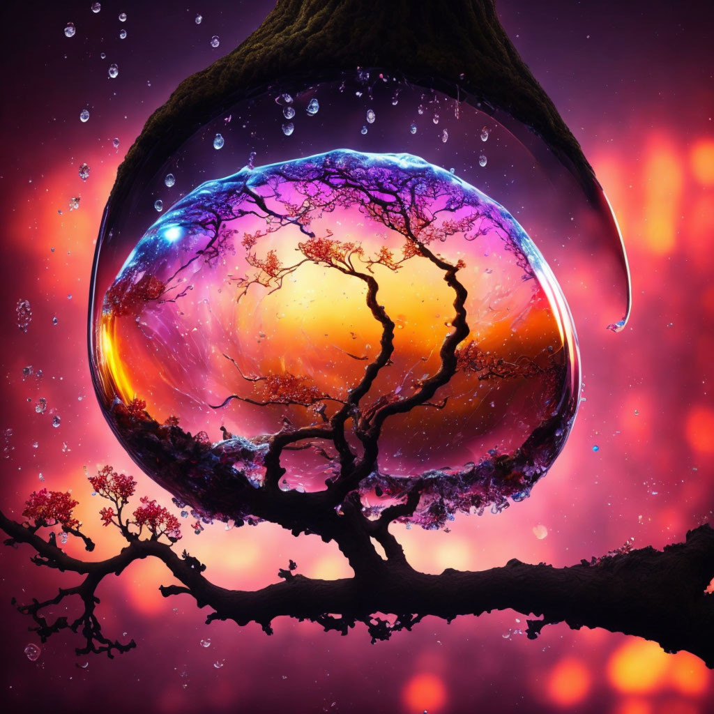 Colorful Twilight Sky Reflection in Bubble with Tree Silhouette