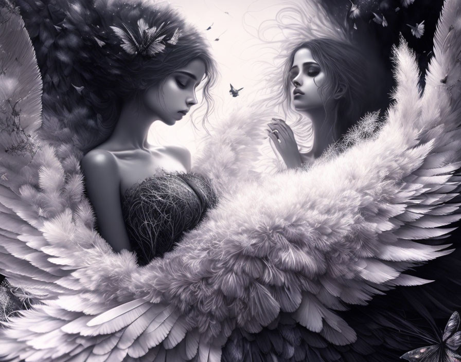Ethereal figures with angelic wings in monochromatic artwork