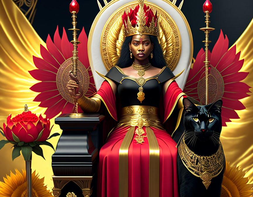 Regal woman on throne with black cat, golden accents, red lotus flowers