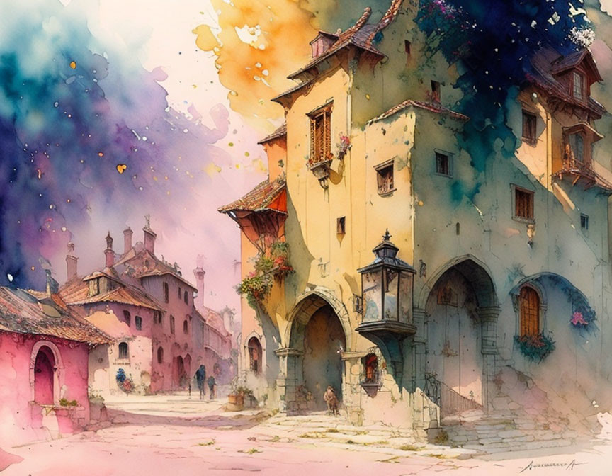 European Street Watercolor Painting with Tower Building & Flowers