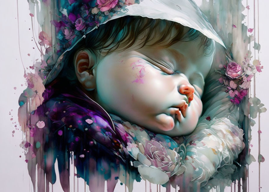 Tranquil sleeping baby surrounded by ethereal flowers and soft colors