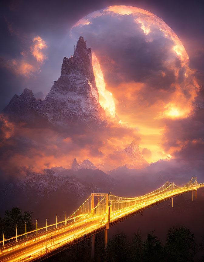 Suspension bridge at dusk with mountain peaks and glowing planet in background