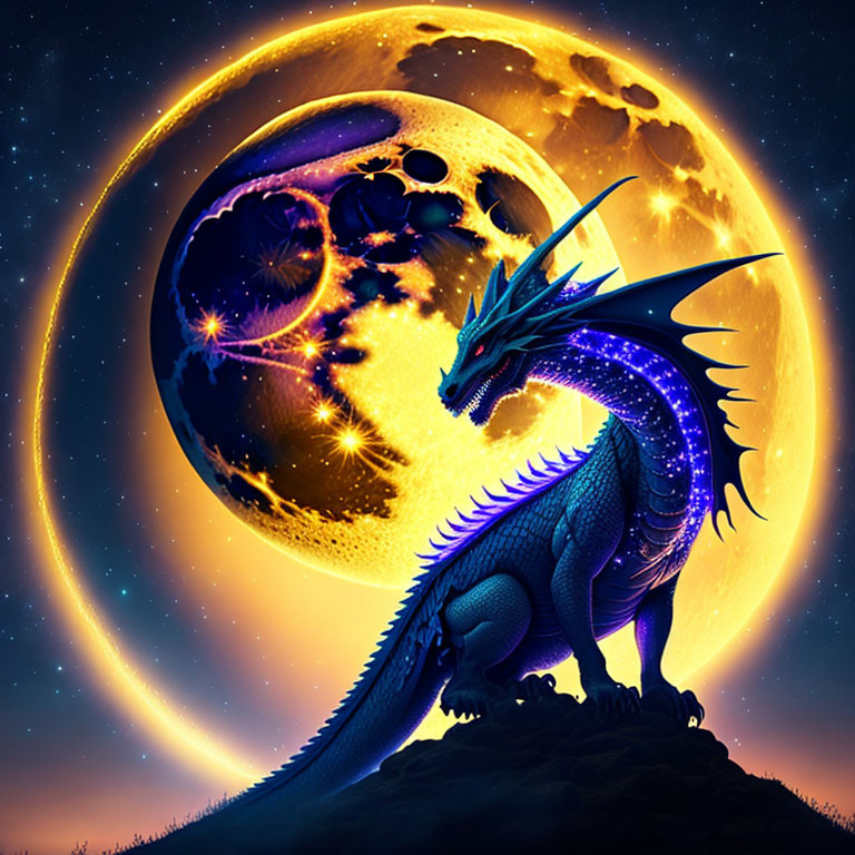 Blue dragon on hill under full moon in starry night sky