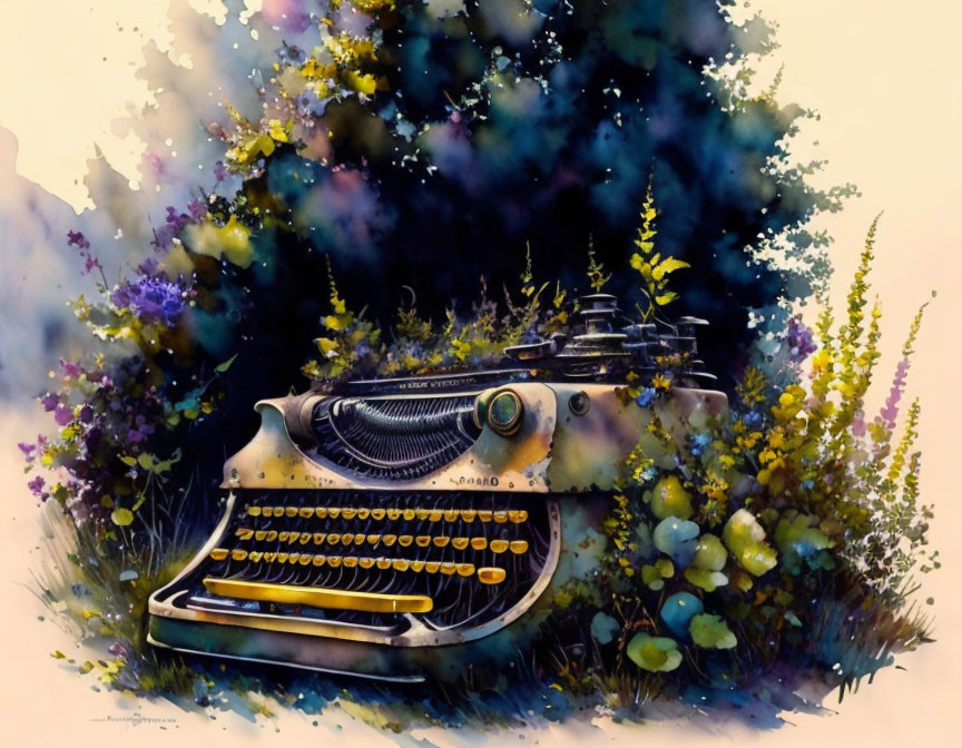 Vintage Typewriter with Colorful Flowers and Paint Splatters