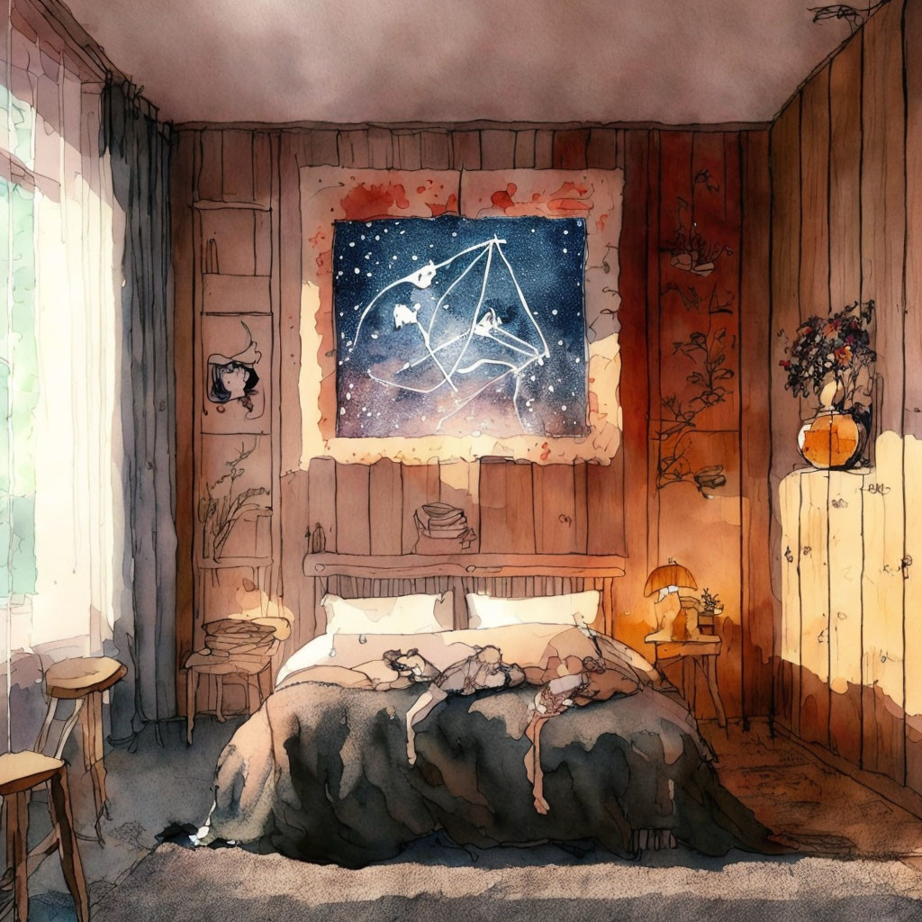 Rustic bedroom with wooden walls, large bed, starry picture, lamp, window, and