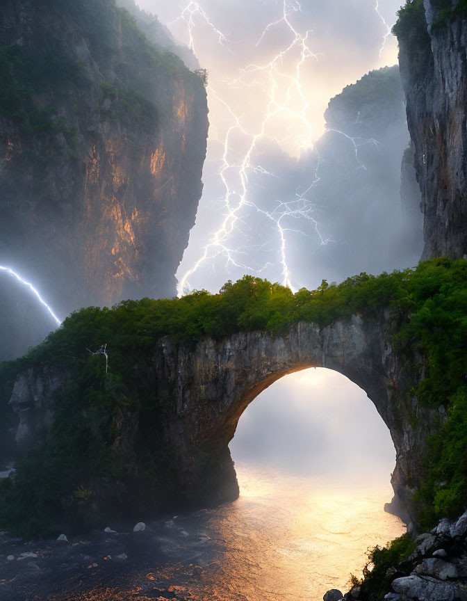 Natural stone arch over river in misty landscape at dusk or dawn