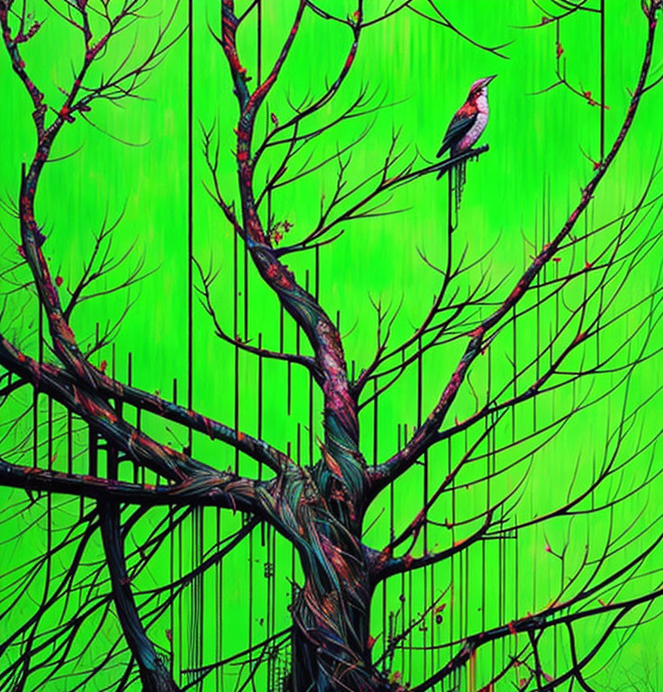 Colorful digital artwork: Bird on twisted trees against green background