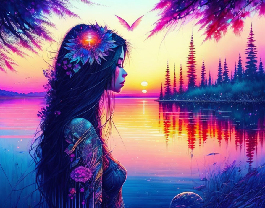 Colorful artwork of woman with flowers by serene lake at sunset