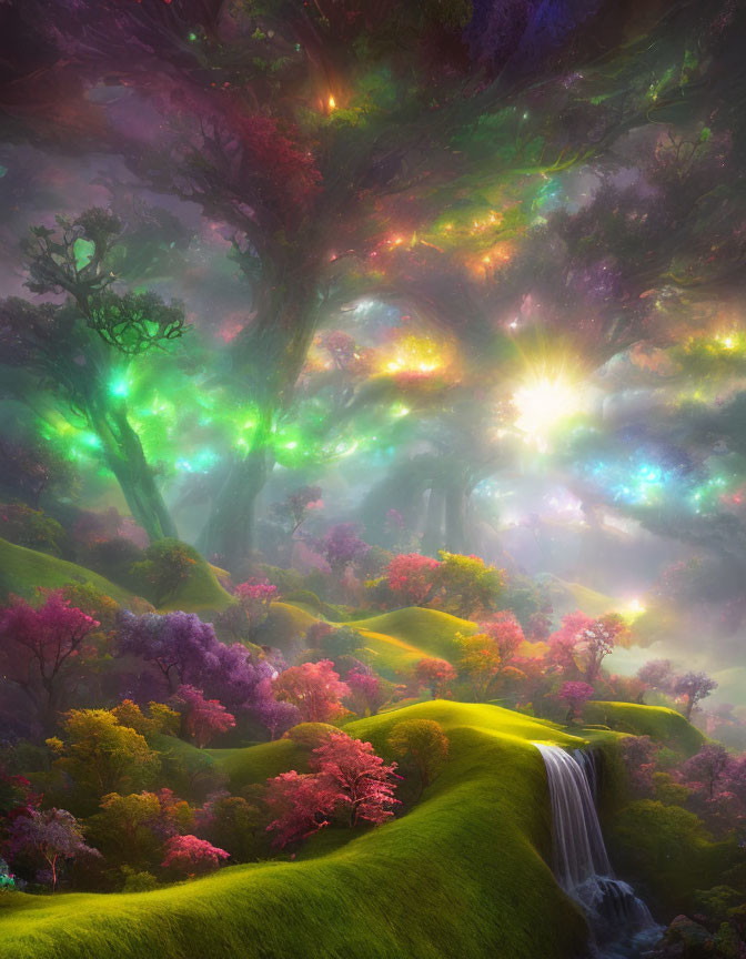 Colorful mystical forest with sunburst, waterfall, and lush green hillside