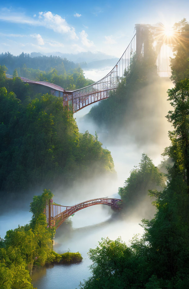 Sunlit suspension bridge over misty river with lush greenery and hills