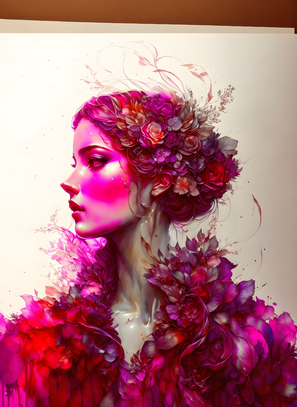 Colorful Illustration of Woman with Flowers in Hair on Soft Background