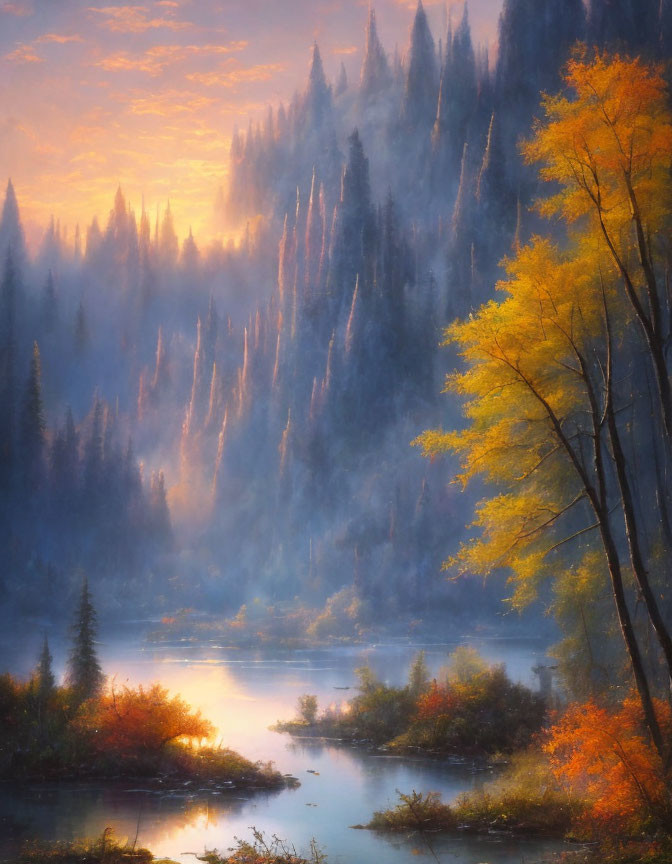 Tranquil sunrise autumn landscape with golden leaves and misty river