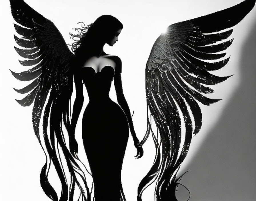 Woman silhouette with angel wings and flowing hair on light background