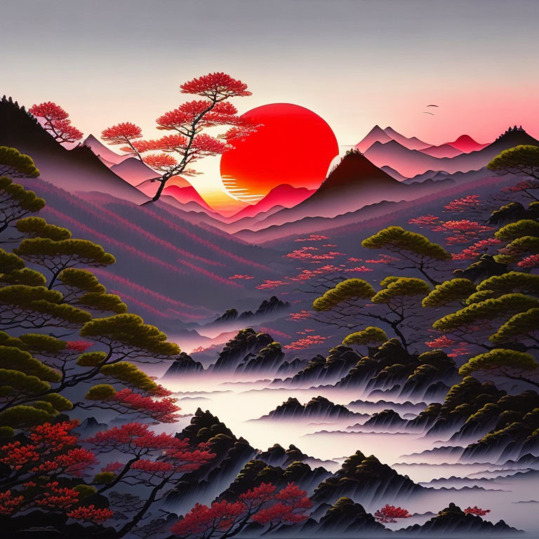 Colorful mountain landscape with red foliage, layered hills, mist, and large red sun