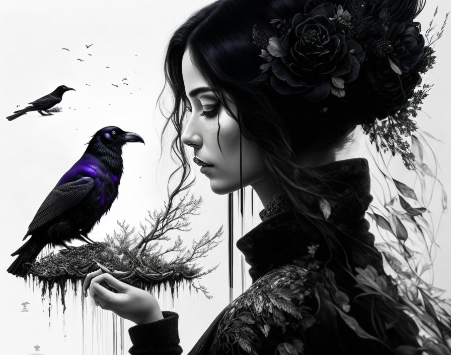 Monochromatic image of woman with floral hair adornment and raven, featuring subtle purple hints