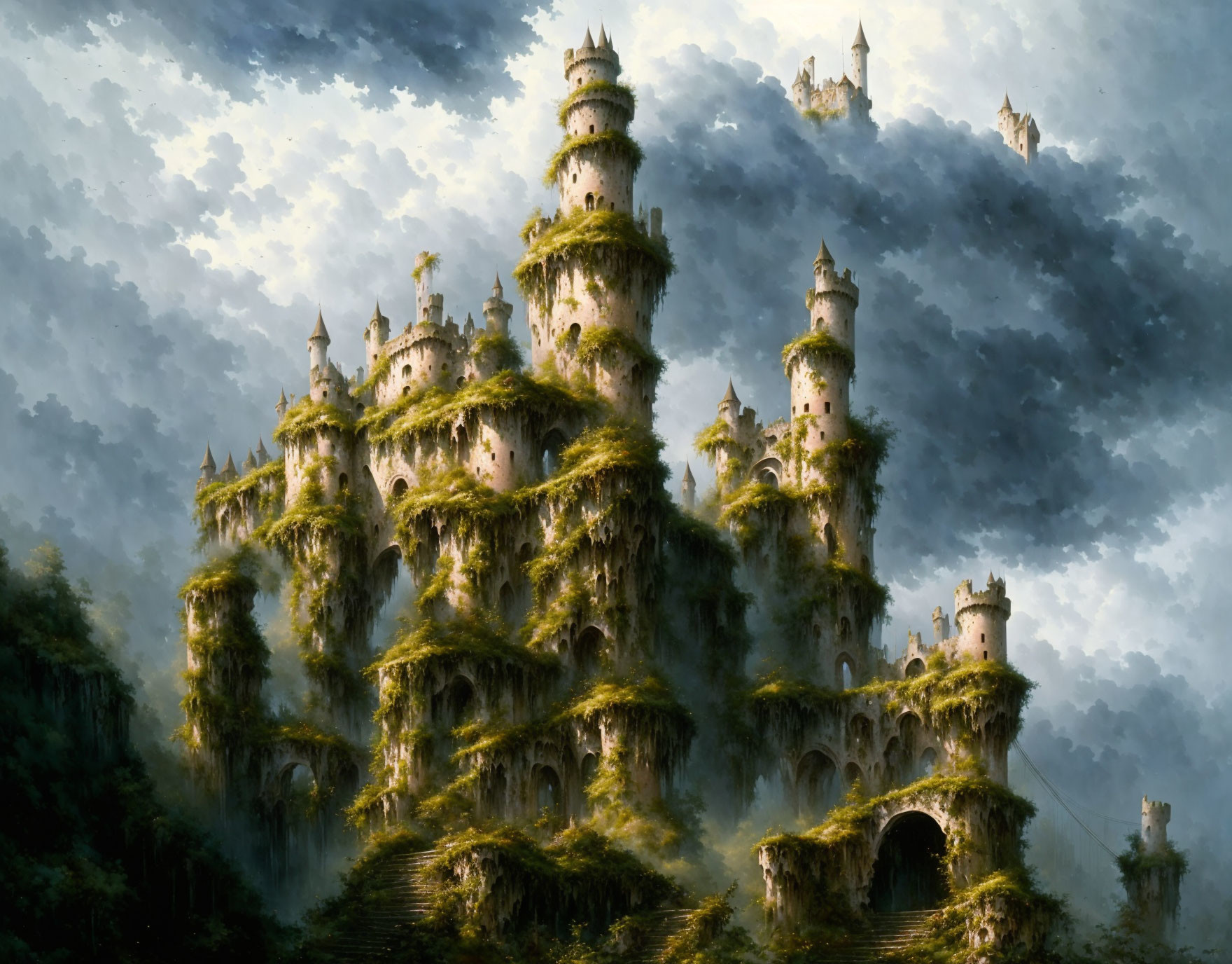 Ethereal fantasy castle in mist with overgrown vegetation