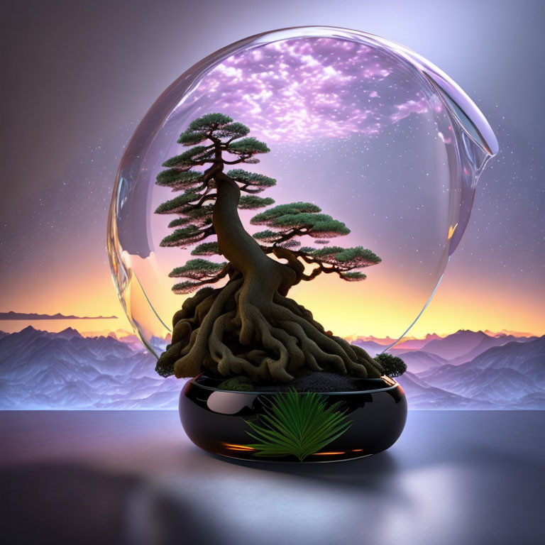 Surreal mountain landscape terrarium with bonsai tree