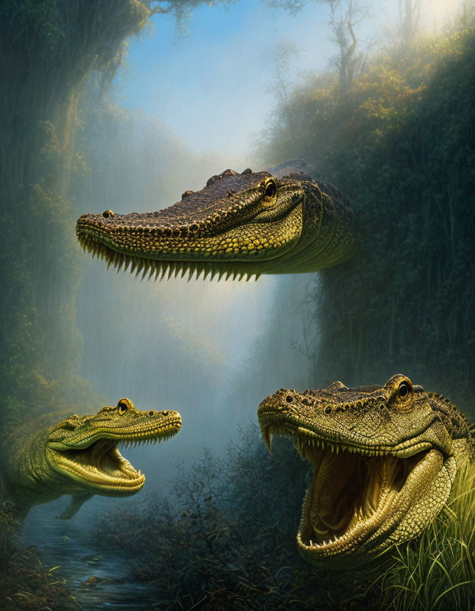 Three alligators in misty swamp: one floating mid-air, others among vegetation