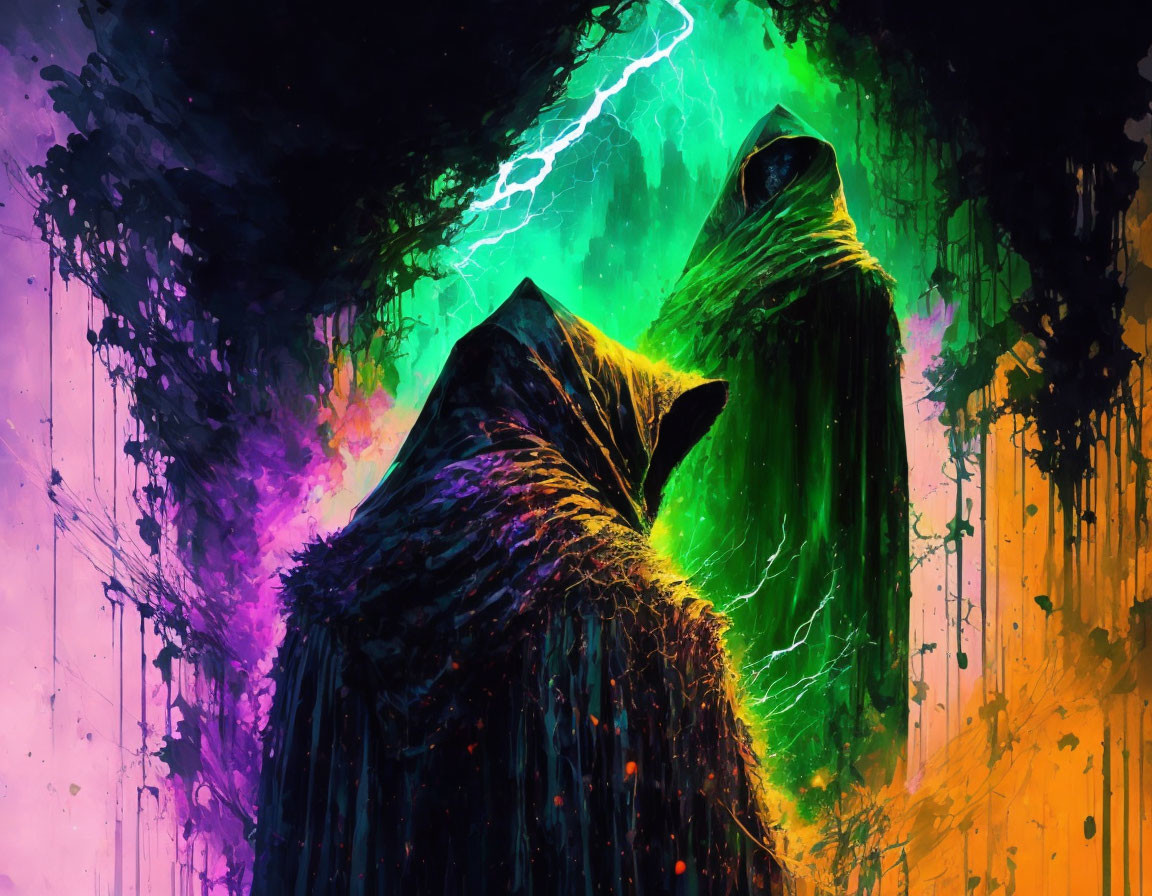 Digital Art: Mysterious cloaked figures under stormy neon sky