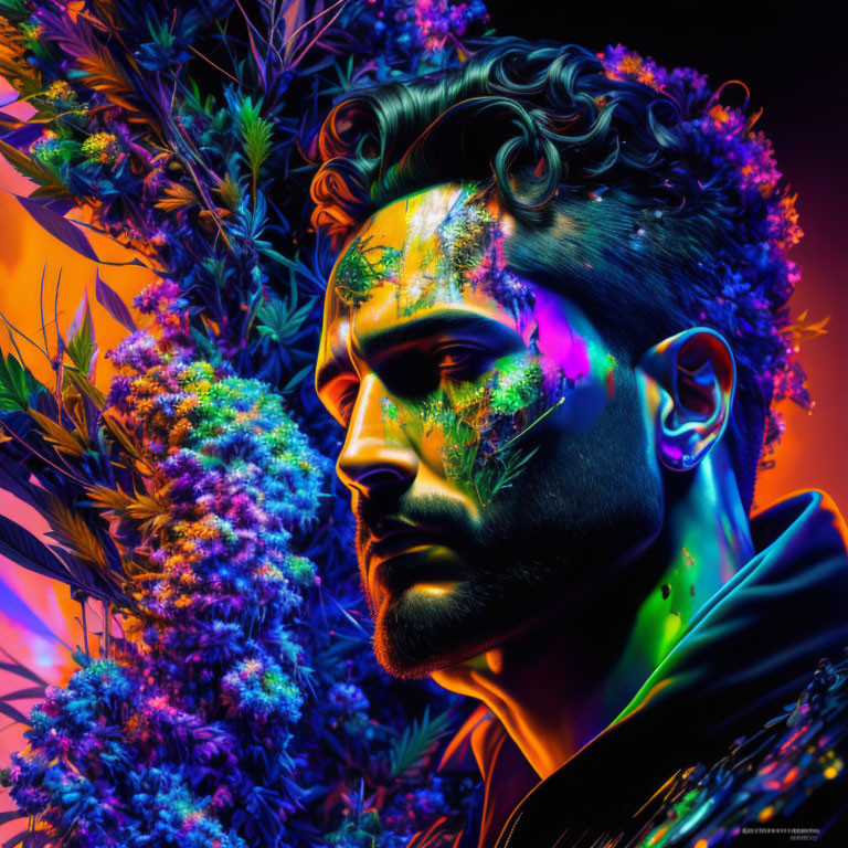 Vibrant neon portrait with floral patterns in purple, blue, and orange