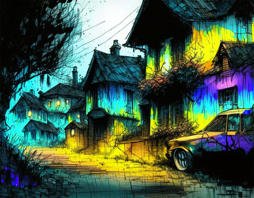 Colorful Stylized Night Street Scene with Illuminated Houses and Parked Car