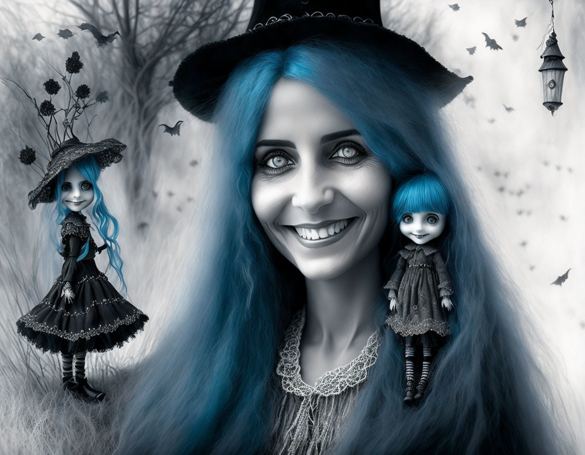 Monochromatic image of blue-haired woman, dolls, gothic attire, flowers, lamp post.