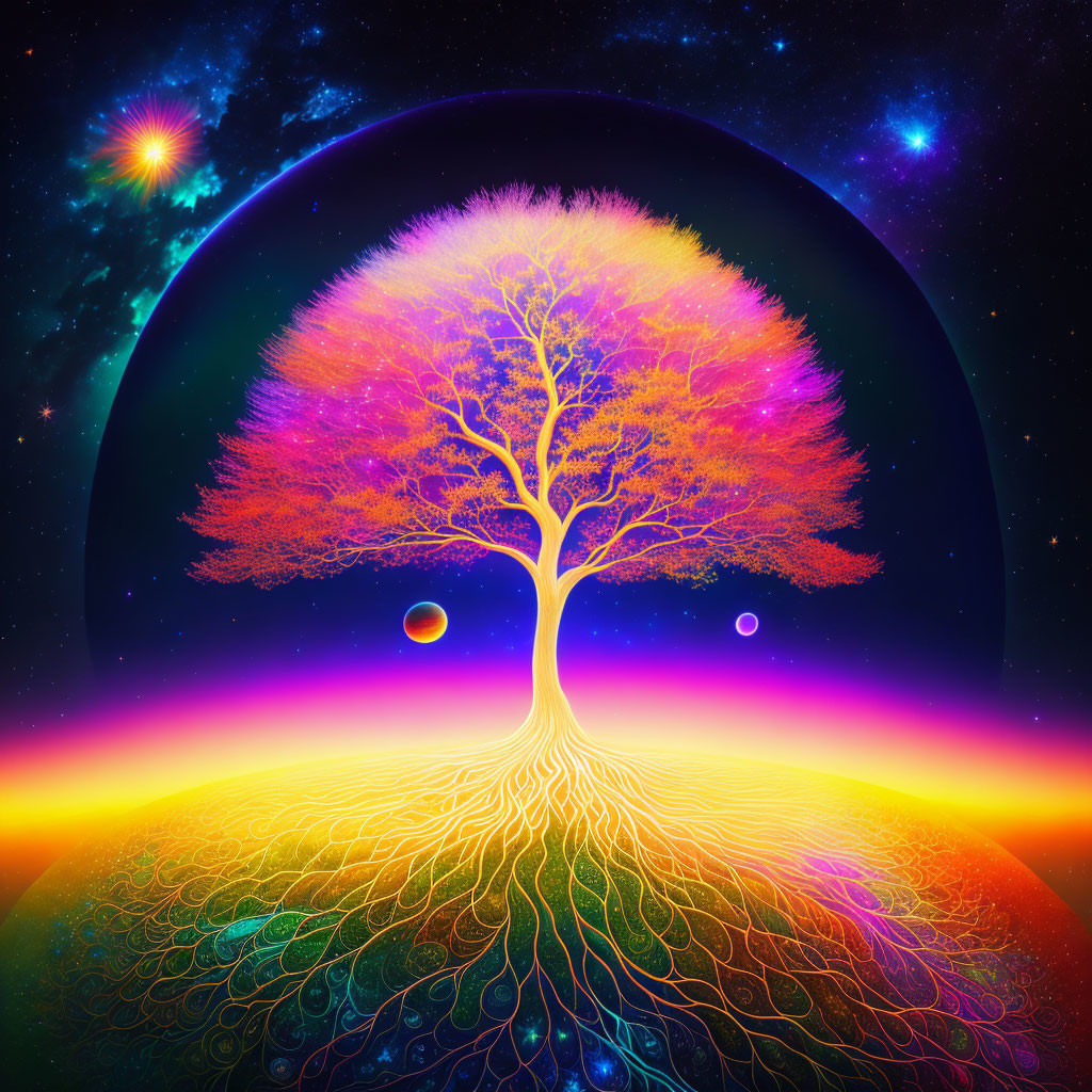 Colorful Cosmic Tree with Planets and Stars in Otherworldly Landscape