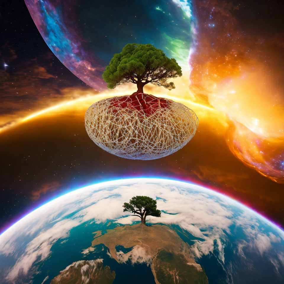 Surreal cosmic landscape with lone tree on Earth and floating island tree